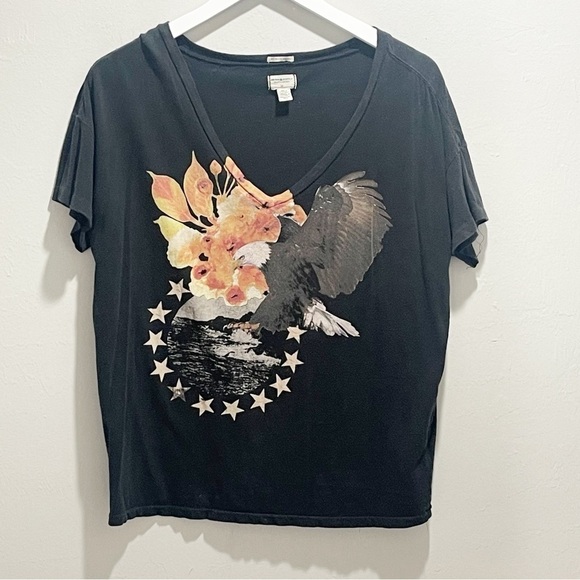 RALPH LAUREN DENIM & SUPPLY Women’s Black Boyfriend V-Neck Eagle Graphic Tee M - Picture 1 of 5